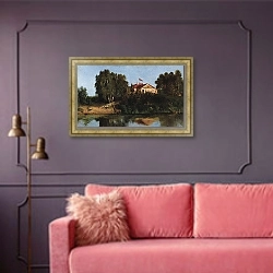 «Пейзаж с домом» в интерьере гостиной с розовым диваном