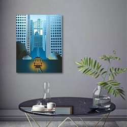 «Сан-Франциско: Утренний путь к мосту через небоскребы» в интерьере современной гостиной в серых тонах