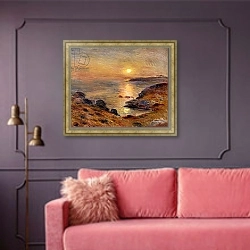 «The Setting of the Sun at Douarnenez; Couche de Soleil a Douarnenez, 1883» в интерьере гостиной с розовым диваном