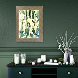 «Bogenschie?ende M?dchen im Wald» в интерьере прихожей в зеленых тонах над комодом