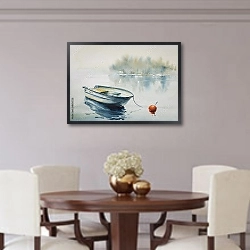 «Пейзаж с деревянной лодкой на реке, покрытой туманом» в интерьере столовой в классическом стиле