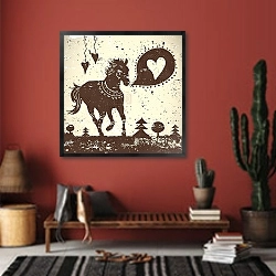 «Дикая лошадь с этническим узором» в интерьере прихожей в этническом стиле с красной стеной