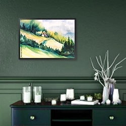 «Коттедж на холме» в интерьере классической гостиной с зеленой стеной над диваном