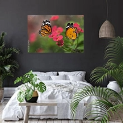 «Оранжевые бабочки на розовых цветках» в интерьере современной спальни с черными стенами