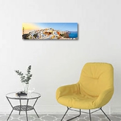 «Греция, Санторини. Большая солнечная панорама » в интерьере светлой комнаты с желтым креслом