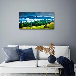 «Удивительный горный пейзаж с туманом и стогом сена» в интерьере современной гостиной в синих тонах
