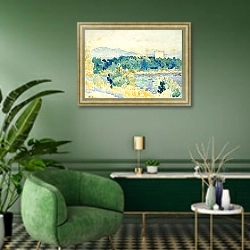 «Mediterranean Landscape with a White House» в интерьере гостиной в зеленых тонах