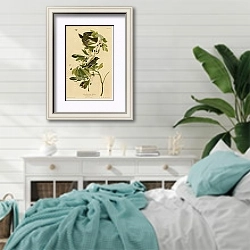 «Small Green Crested Flycatcher» в интерьере спальни в стиле прованс с голубыми деталями