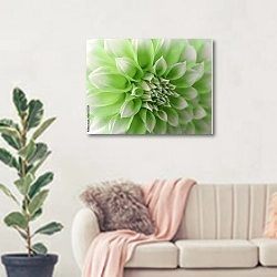 «Бело-зелёный цветок георгина, крупно» в интерьере современной светлой гостиной над диваном