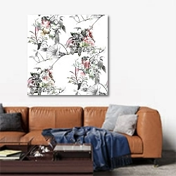 «Цветы мака с зелеными листьями на белом фоне» в интерьере современной гостиной над диваном