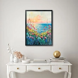 «Dawn’s embrace: flowers by the sea» в интерьере в классическом стиле над столом