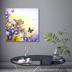 «Жёлто-фиолетовые цветы и бабочки» в интерьере современной гостиной в серых тонах