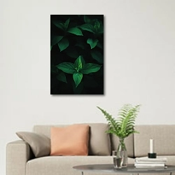 «Зеленые листья  на темном фоне» в интерьере современной светлой гостиной над диваном