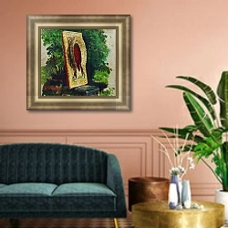 «Этюд с иконой Спас. 1880-е» в интерьере классической гостиной с зеленой стеной над диваном