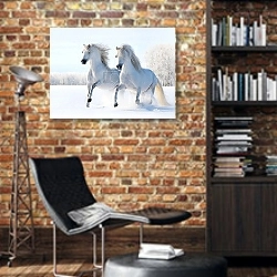 «Лошади на снегу» в интерьере кабинета в стиле лофт с кирпичными стенами