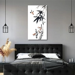 «Живопись в китайском стиле 2» в интерьере современной спальни с черной кроватью