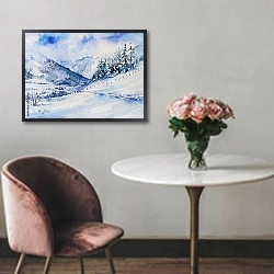 «Зимние горы, пейзаж с деревьями и дорогой в долину.» в интерьере в классическом стиле над креслом