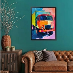 «Tired lorry» в интерьере гостиной с зеленой стеной над диваном