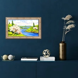 «Весенний пейзаж с рекой и цветущими деревьями» в интерьере в классическом стиле в синих тонах