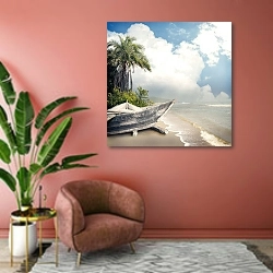 «Тропический пляж с лодкой и пальмами 2» в интерьере современной гостиной в розовых тонах