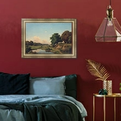 «Пейзаж с прудиком» в интерьере спальни с акцентной стеной