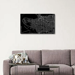 «План города Ванкувер, Канада, в чёрном цвете» в интерьере в скандинавском стиле над диваном
