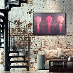 «Turban Triptych» в интерьере двухярусной гостиной в стиле лофт с кирпичной стеной