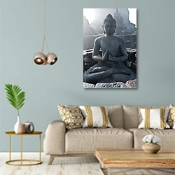 «Статуя Будды, Боробудур, Джокьякарта, Индонезия» в интерьере современной гостиной с голубыми стенами