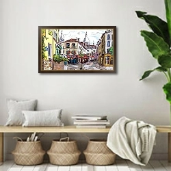 «Улица Монмартр, Париж — живописные уголки столицы любви» в интерьере комнаты в стиле ретро с плетеными корзинами