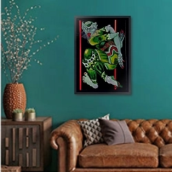 «The Devil, after Bakst, 1992» в интерьере гостиной с зеленой стеной над диваном
