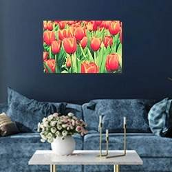 «Красные тюльпаны с винтажным фильтром» в интерьере современной гостиной в синем цвете