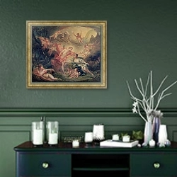 «Apollo Revealing his Divinity to the Shepherdess Isse, 1750» в интерьере прихожей в зеленых тонах над комодом