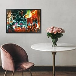 «Улица города в ночное время с красочными огнями» в интерьере в классическом стиле над креслом