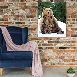 «Медведь, сидящий на снегу» в интерьере в стиле лофт с кирпичной стеной и синим креслом