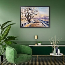 «Зимний пейзаж с деревом у дороги, акварель» в интерьере классической гостиной с зеленой стеной над диваном