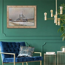 «Notre-Dame de Paris. Effet de neige, le soir» в интерьере в классическом стиле с зеленой стеной