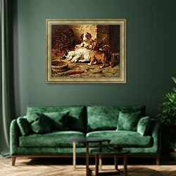 «Хорошо охраняемый сон» в интерьере зеленой гостиной над диваном