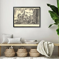 «Gezicht op de Hoofdtoren vanaf de Veermanskade.» в интерьере комнаты в стиле ретро с плетеными корзинами