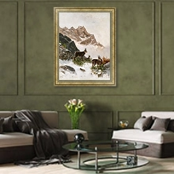 «Chamois in the Snow» в интерьере гостиной в оливковых тонах