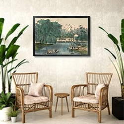 «The rural lake» в интерьере комнаты в стиле ретро с плетеными креслами