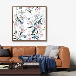 «Абстрактный тропический узор с фламинго и листьями» в интерьере современной гостиной над диваном