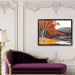 «Red autumn on the lake» в интерьере в классическом стиле над банкеткой