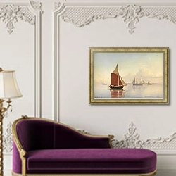 «A cutter and two sailing ships.» в интерьере в классическом стиле над банкеткой