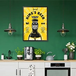 «Винтажный постер с бутылкой пива» в интерьере кухни с зелеными стенами