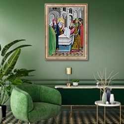 «Открытие храма» в интерьере гостиной в зеленых тонах
