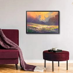 «Цветущее поле 2» в интерьере гостиной в бордовых тонах