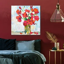 «Цветы в вазе. Маки» в интерьере спальни с акцентной стеной