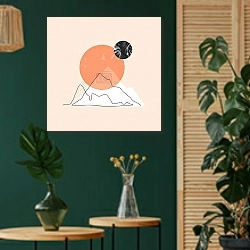 «Гора с луной и солнцем» в интерьере в этническом стиле с зеленой стеной