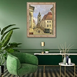 «The Belfry of Douai, 1871» в интерьере гостиной в зеленых тонах