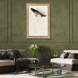 «Portrait de femme au chapeau» в интерьере гостиной в оливковых тонах